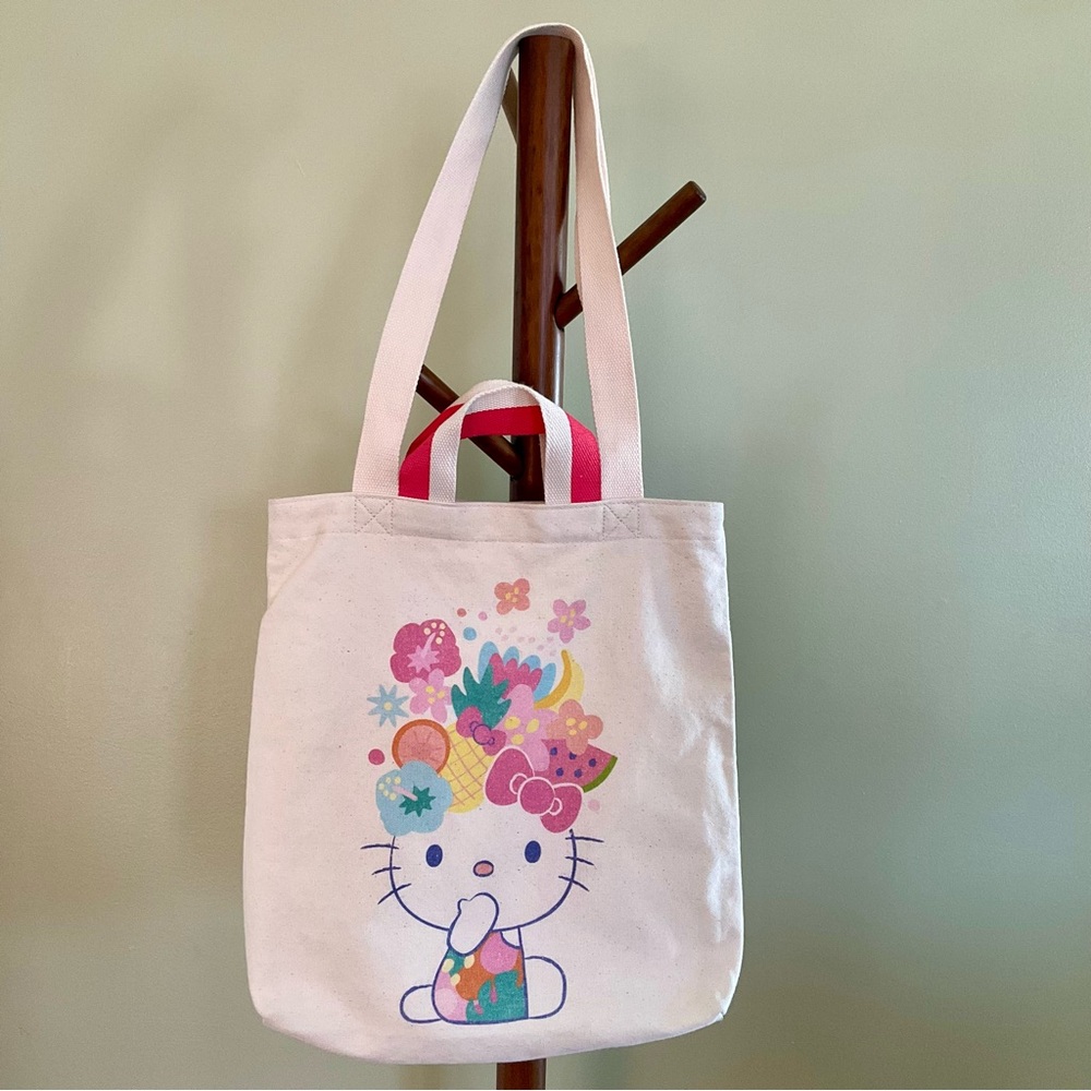 Hello Kitty Cream Canvas Tote with Colorful Floral & Fruit Design Beach Bag NWOT